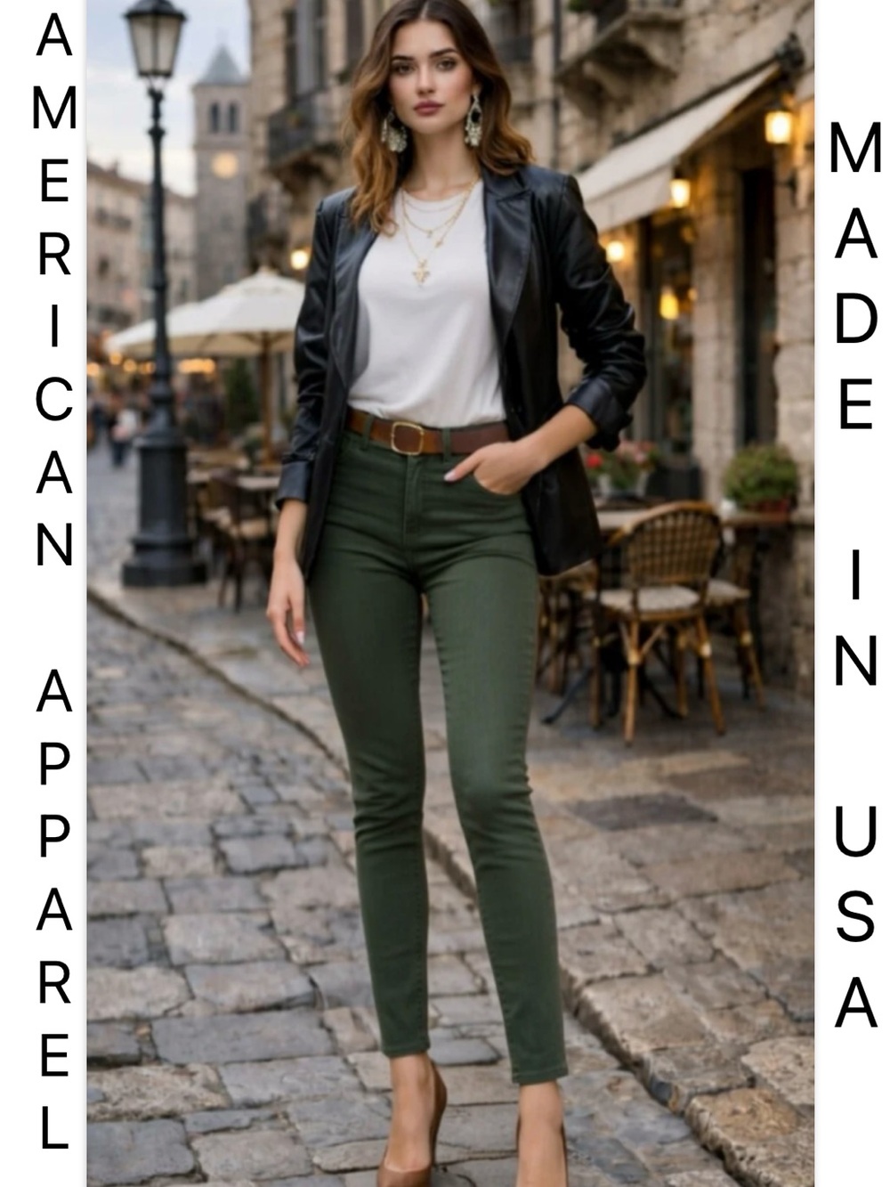 American Apparel Olive Green High Rise Skinny Jeans Made in USA 26